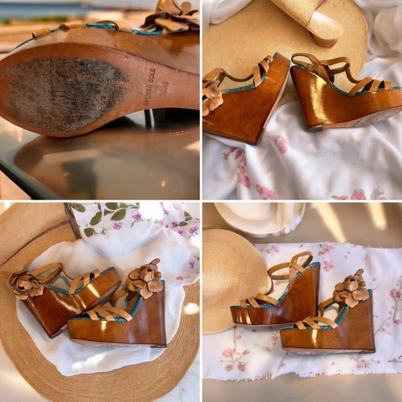 Badgley Mischa. Wooden wedge heeled sandals Gorgeous Flower Leather Wood - Picture 12 of 16